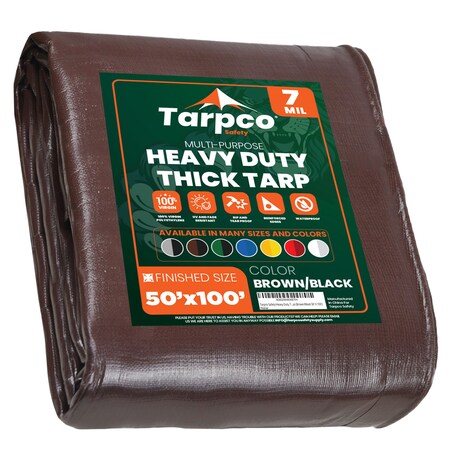 Tarpco Safety Heavy Duty Tarp, 100 ft L x 0.5 mm H x 50 ft W, 7 Mil, Brown/Black, Polyethylene TS-202-50X100